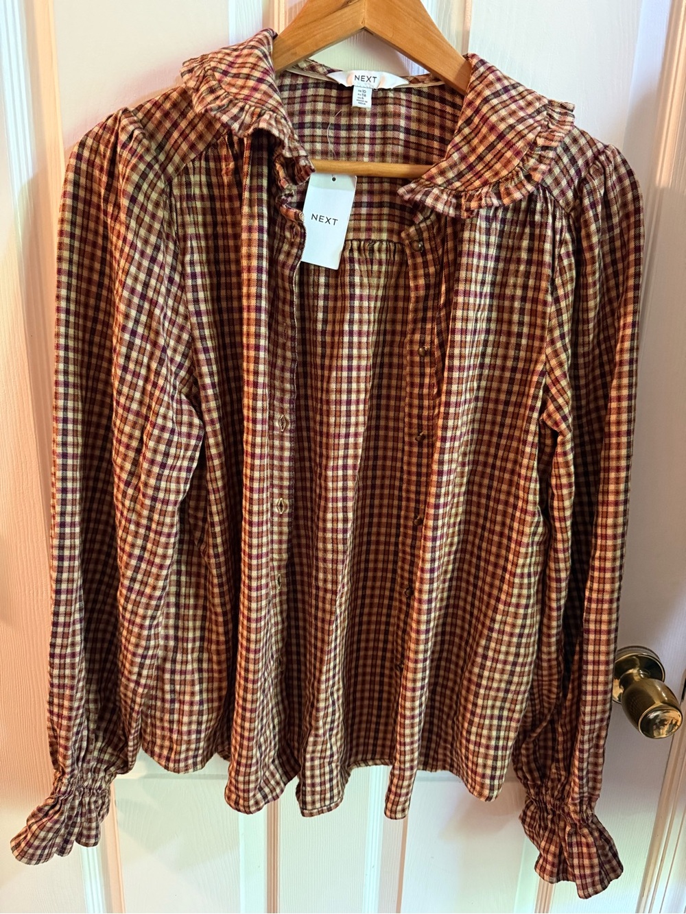New with tags Next Check Ruffle Collar Button-Up Shirt